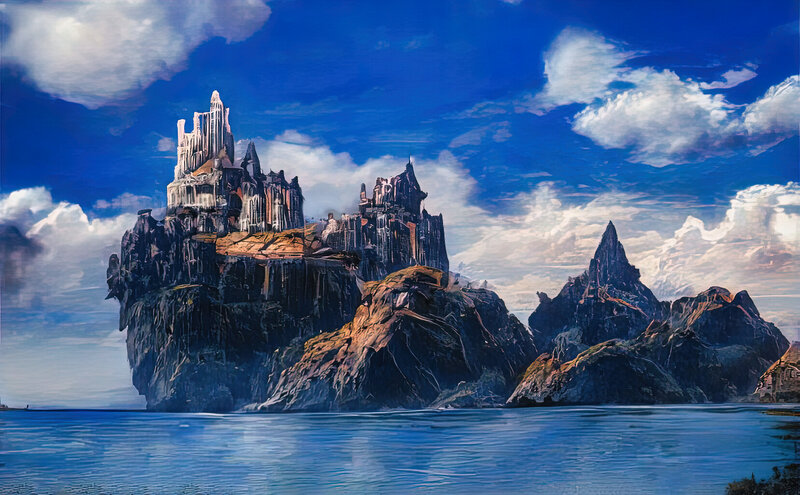 Castle on Rocky Island — Blue, Dramatic, Afternoon, Digital Art, Sea, Sky