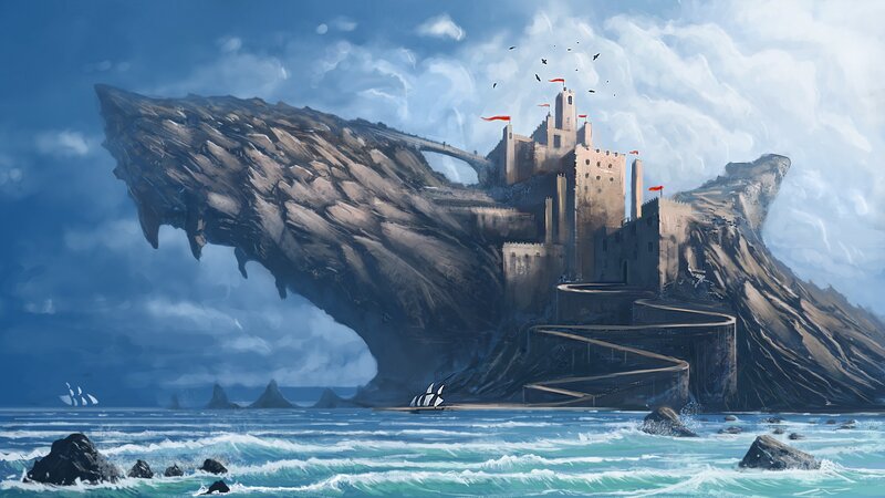 Castle on Rocky Island — Blue, Dramatic, Afternoon, Digital Art, Ship