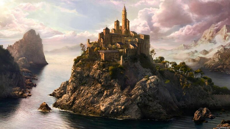 Castle on Rocky Island — Blue, Dramatic, Afternoon, Digital Art