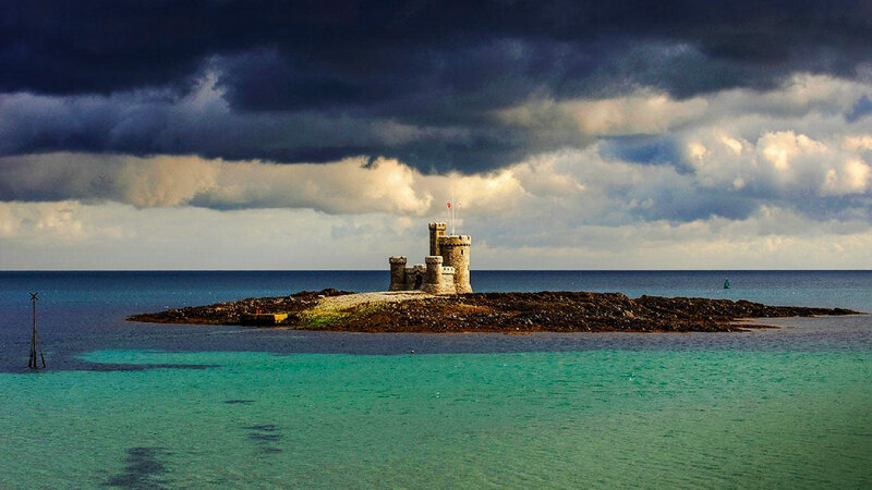 Castle on Rocky Island — Blue, Dramatic, Afternoon, Photograph