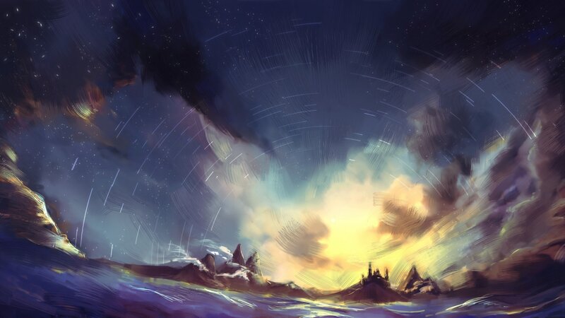 Castle on Rocky Island — Blue, Dramatic, Night, Digital Art, Clouds