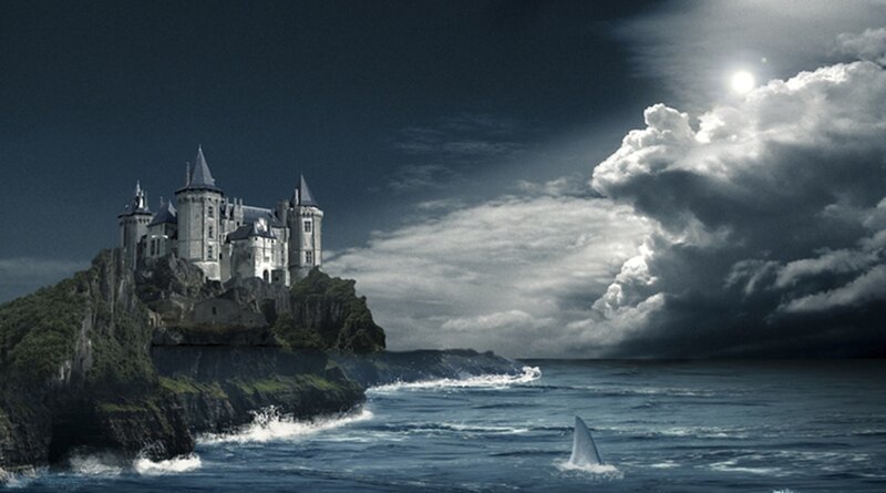 Castle on Rocky Island — Blue, Dramatic, Night, Digital Art