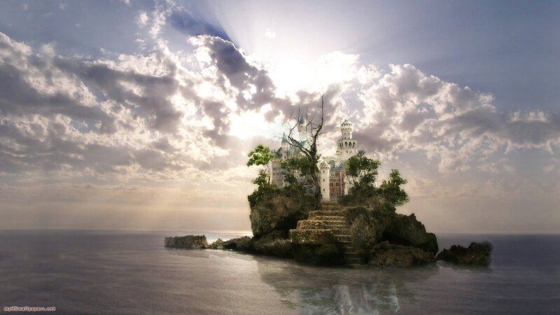 Castle on Rocky Island — Blue, Dramatic, Sunrise, Digital Art