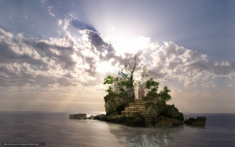 Castle on Rocky Island — Blue, Dramatic, Sunrise, Digital Art, Tree