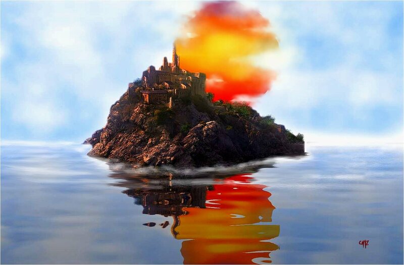 Castle on Rocky Island — Blue, Dramatic, Sunset, Digital Art