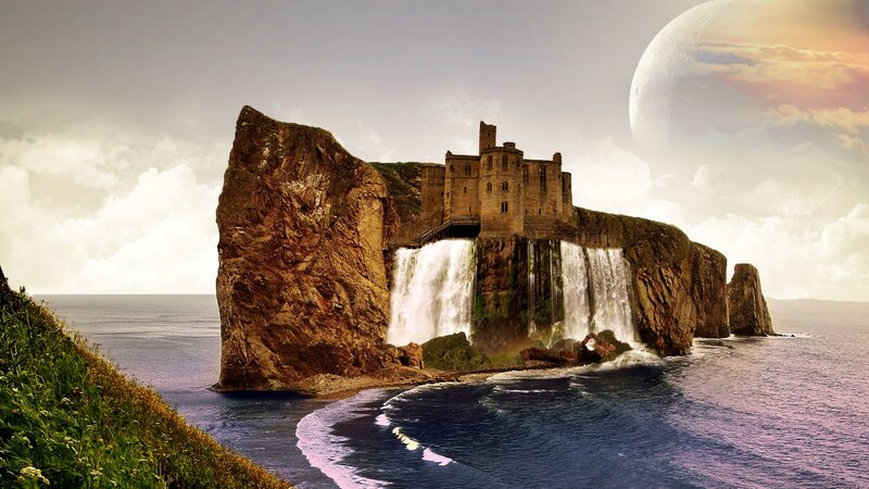 Castle on Rocky Island — Blue, Dramatic, Sunset