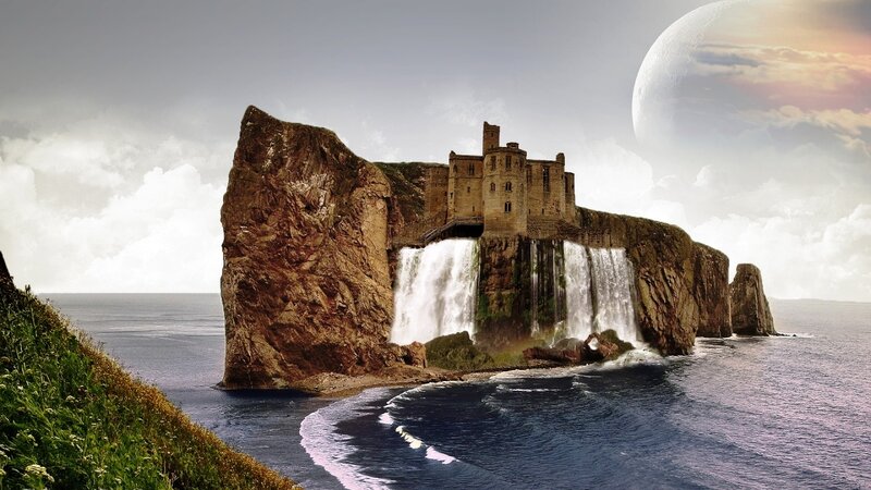 Castle on Rocky Island — Blue, Dramatic