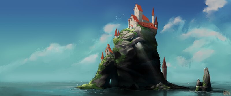 Castle on Rocky Island — Blue, Serene, Afternoon, Digital Art, Sea, Clouds