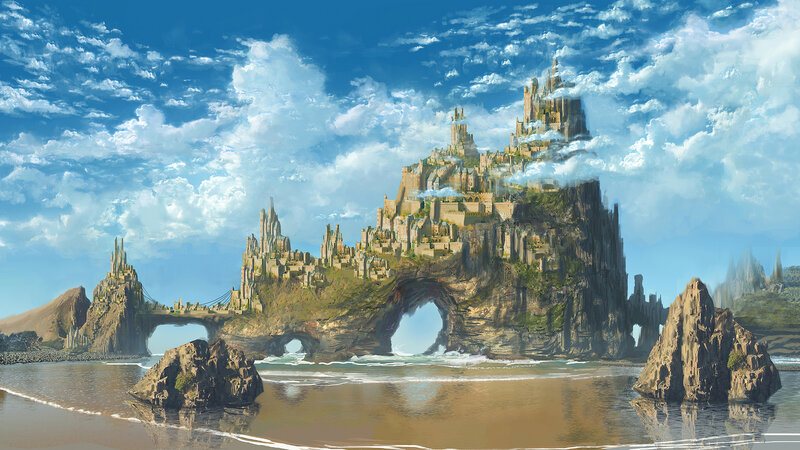 Castle on Rocky Island — Blue, Serene, Afternoon, Digital Art, Sea, Sky