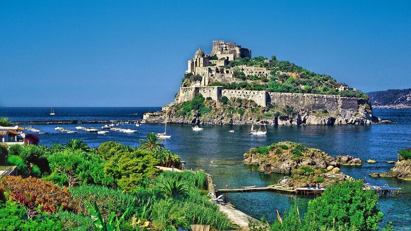 Castle on Rocky Island — Blue, Serene, Afternoon, Photograph