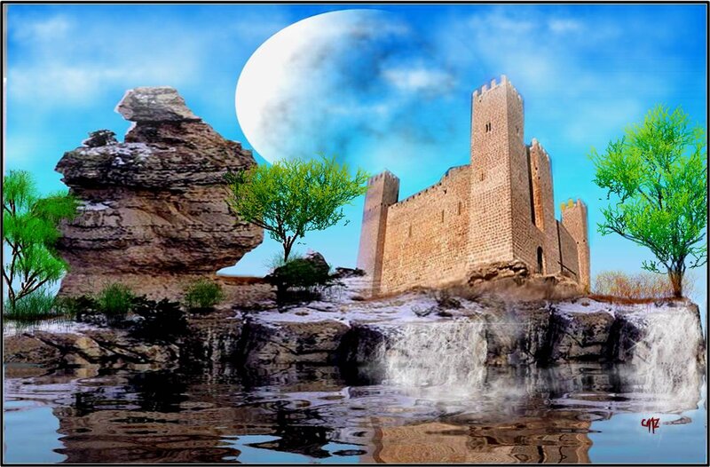 Castle on Rocky Island — Blue, Serene, Night