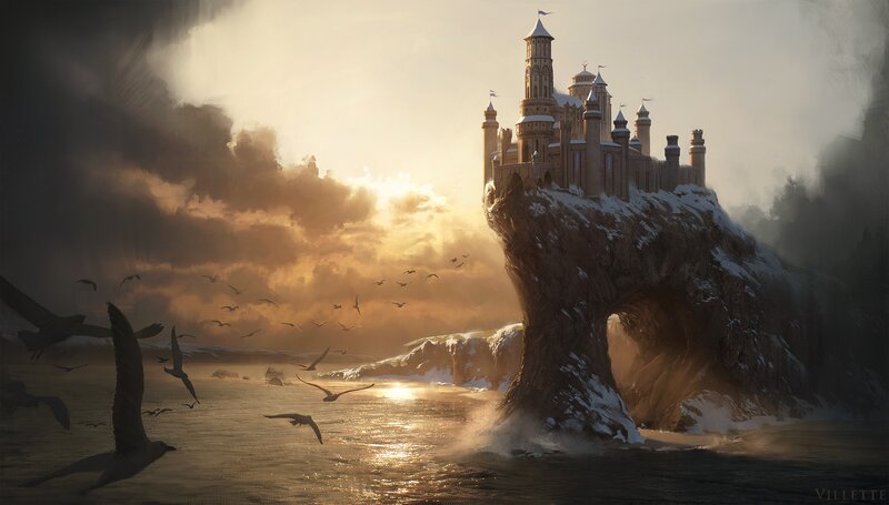 Castle on Rocky Island — Brown, Dramatic