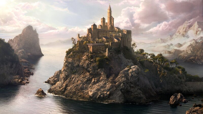 Castle on Rocky Island — Gray, Dramatic, Afternoon