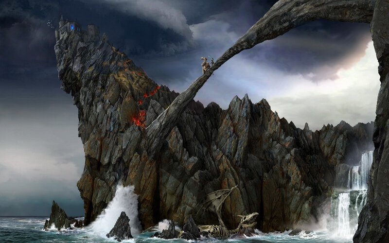 Castle on Rocky Island — Gray, Dramatic, Digital Art