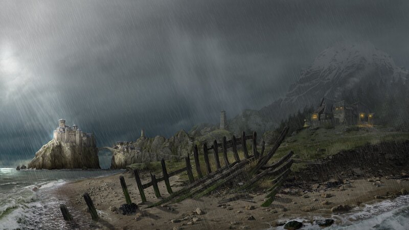 Castle on Rocky Island — Gray, Dramatic, Night, Digital Art, Mountain, Village, Shipwreck