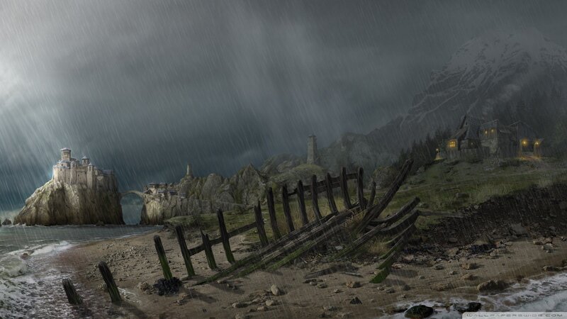 Castle on Rocky Island — Gray, Dramatic, Night, Digital Art, Mountain, Village