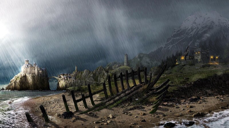Castle on Rocky Island — Gray, Dramatic, Night, Digital Art