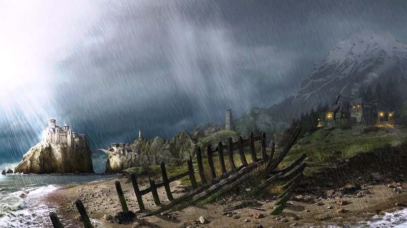 Castle on Rocky Island — Gray, Dramatic, Night