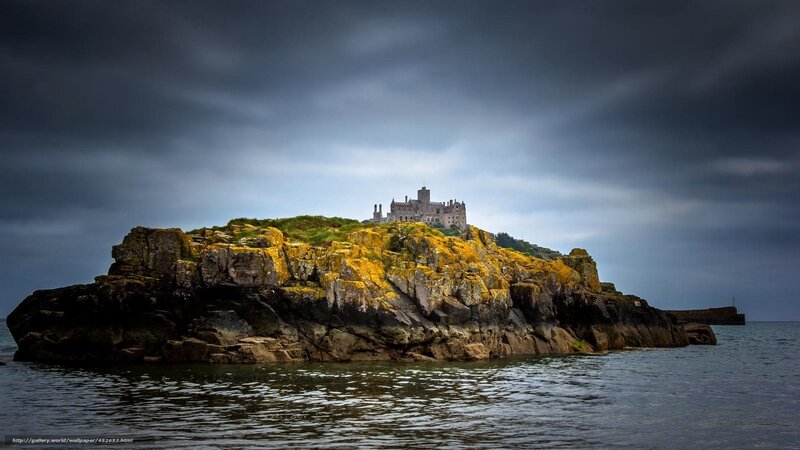 Castle on Rocky Island — Gray, Dramatic, Photograph