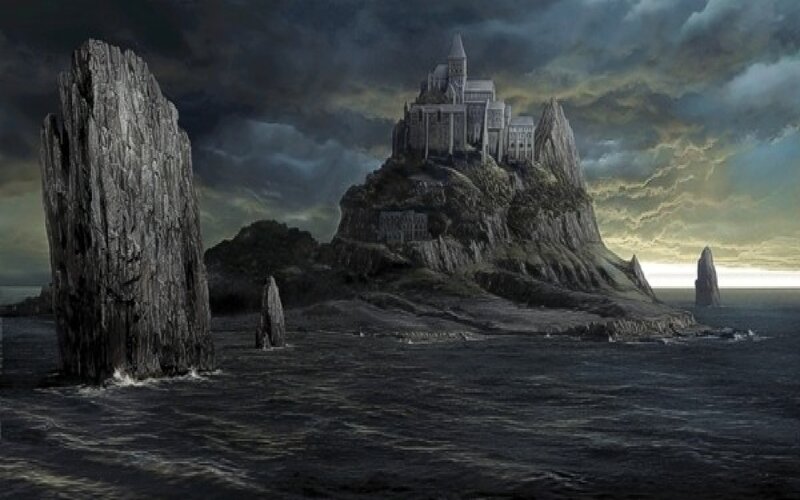 Castle on Rocky Island — Gray, Dramatic, Sunset, Digital Art, Ocean