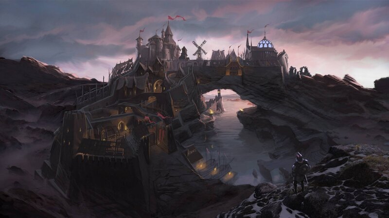 Castle on Rocky Island — Gray, Dramatic, Sunset, Digital Art