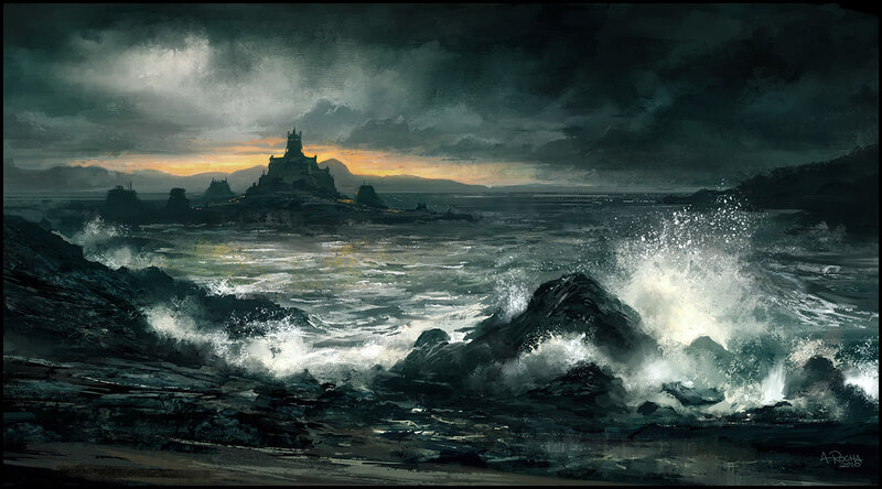 Castle on Rocky Island — Gray, Dramatic