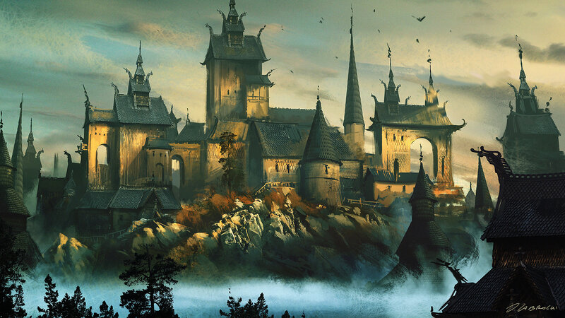 Castle on Rocky Island — Green, Dramatic, Sunset