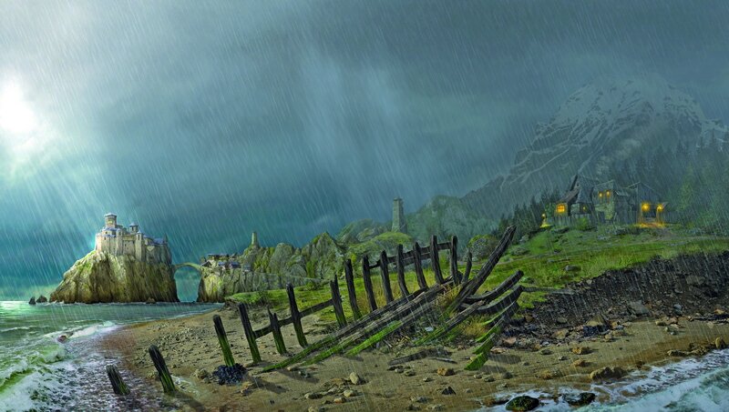 Castle on Rocky Island — Green, Dramatic