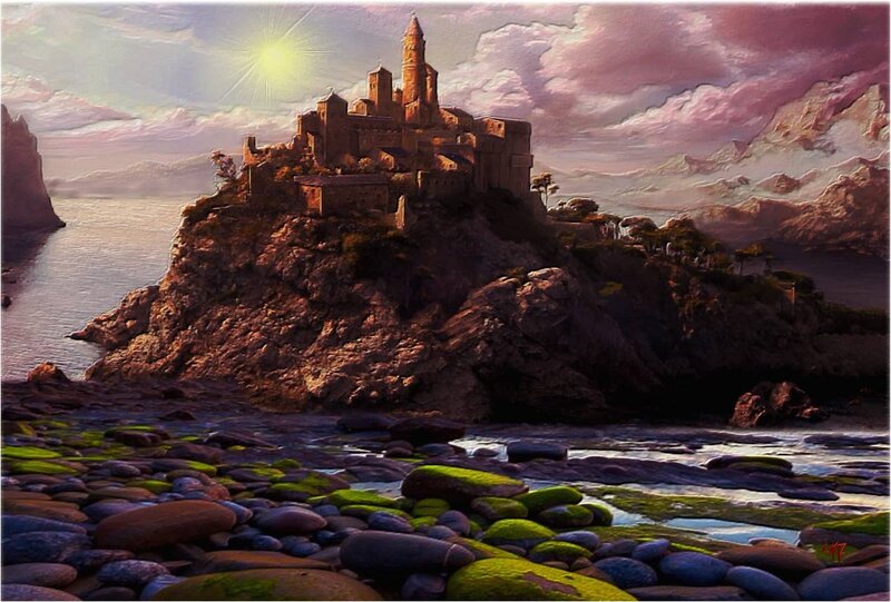 Castle on Rocky Island — Purple, Dramatic