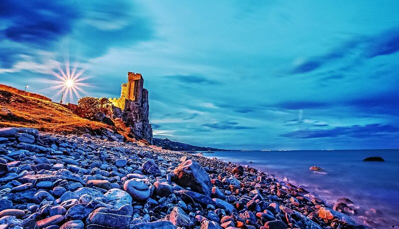 Castle on Rocky Shore — Blue, Dramatic, Night