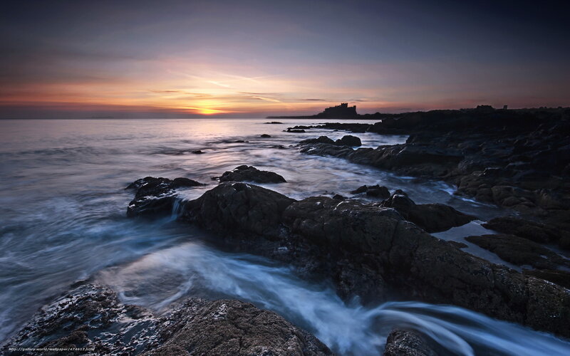 Castle on Rocky Shore — Blue, Dramatic, Sunset