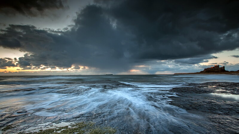 Castle on Rocky Shore — Gray, Dramatic