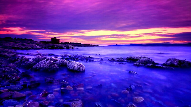 Castle on Rocky Shore — Purple, Dramatic, Sunset, Photograph, Rocks, Sea, Sky, Blue