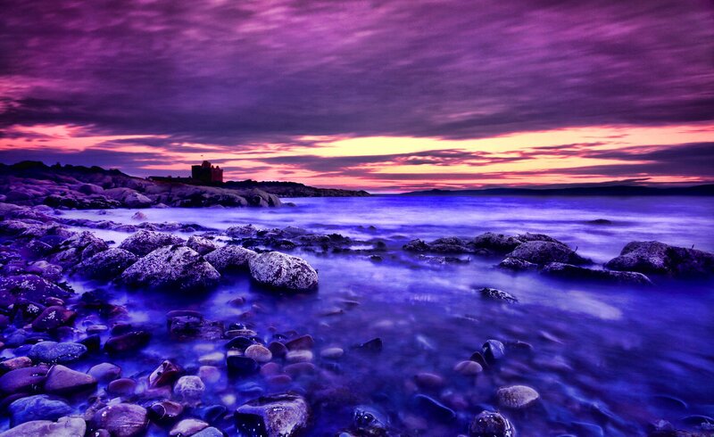 Castle on Rocky Shore — Purple, Dramatic, Sunset, Photograph, Rocks, Sea, Sky