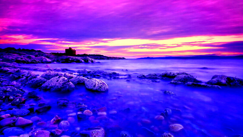 Castle on Rocky Shore — Purple, Dramatic, Sunset, Photograph