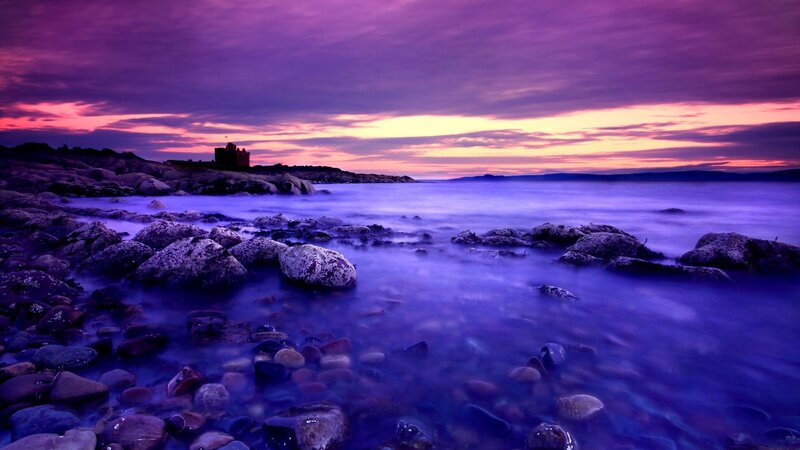 Castle on Rocky Shore — Purple, Dramatic, Sunset