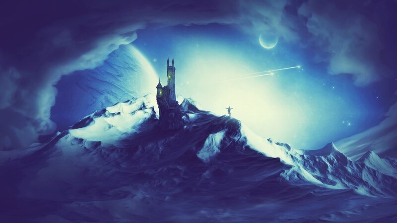 Castle on Snowy Mountain — Blue, Dramatic, Night, Digital Art, Tower, Person