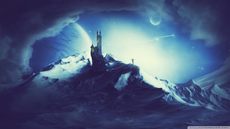 Castle on Snowy Mountain — Blue, Dramatic, Night