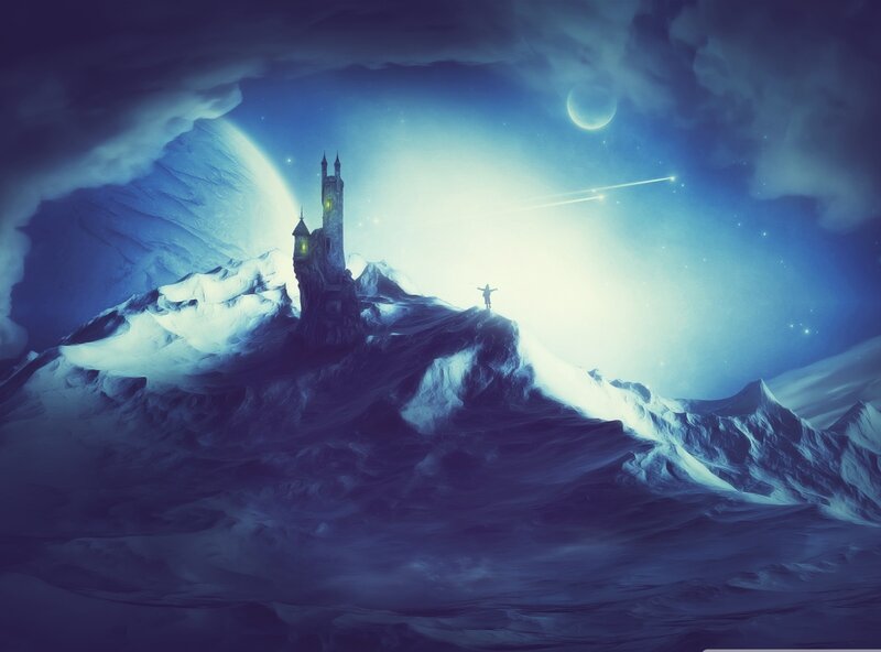 Castle on Snowy Mountain — Blue, Dramatic