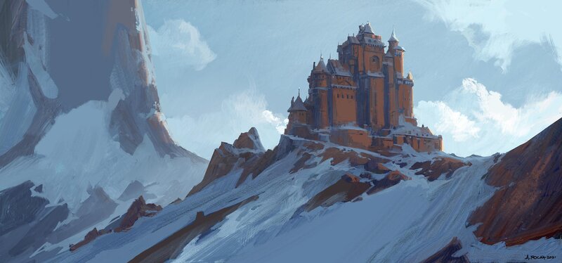 Castle on Snowy Mountain — Blue, Dramatic, Winter