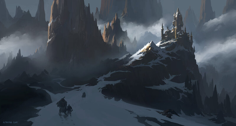 Castle on Snowy Mountain — Gray, Dramatic, Winter, Digital Art