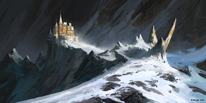 Castle on Snowy Mountain — White, Dramatic, Night, Digital Art