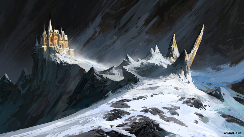 Castle on Snowy Mountain — White, Dramatic, Night