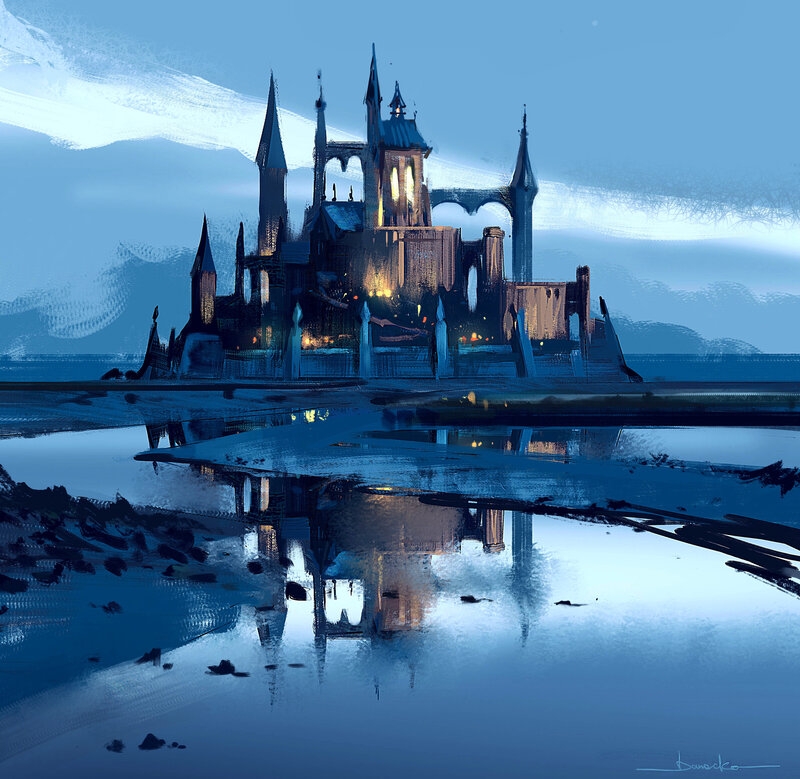 Castle on Water — Blue, Dramatic, Night