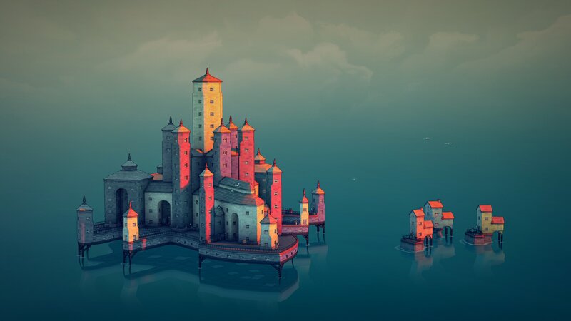 Castle on Water — Blue, Serene, Sunset, 3d Render