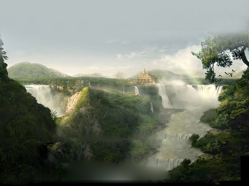 Castle on Waterfall Cliff — Green