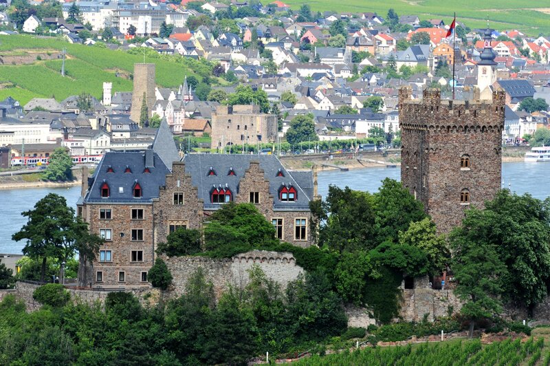 Castle overlooking a river town