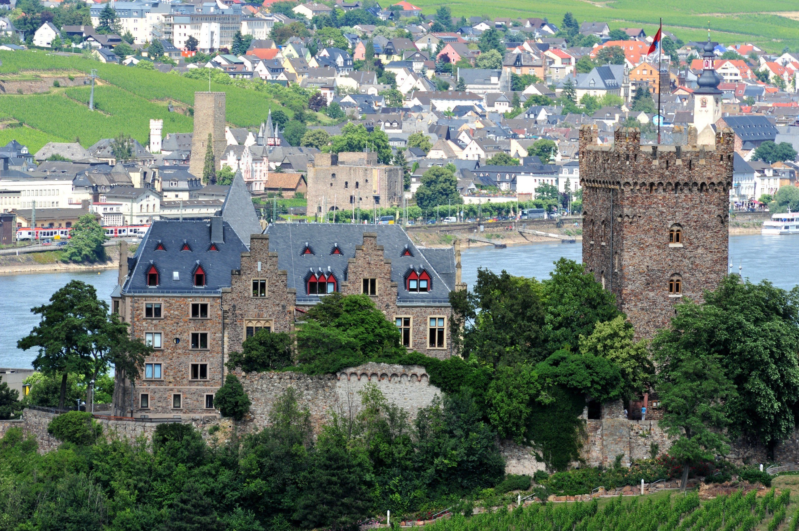 Castle overlooking a river town