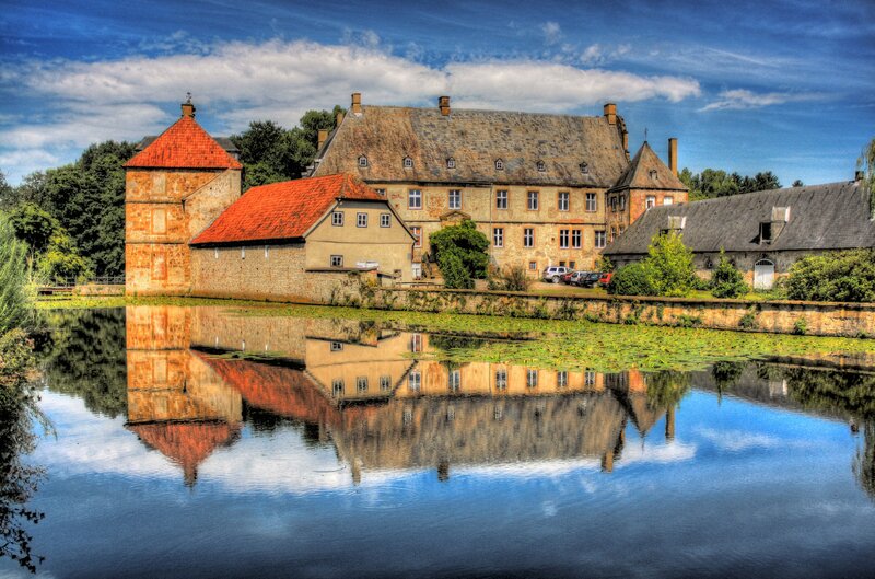 Castle reflected in a moat