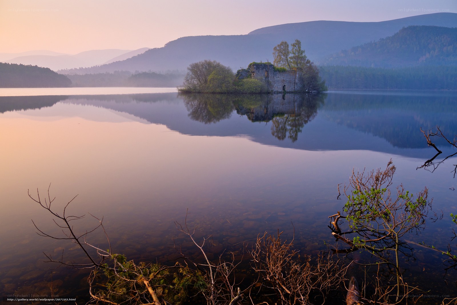 Castle ruin on a lake at dawn